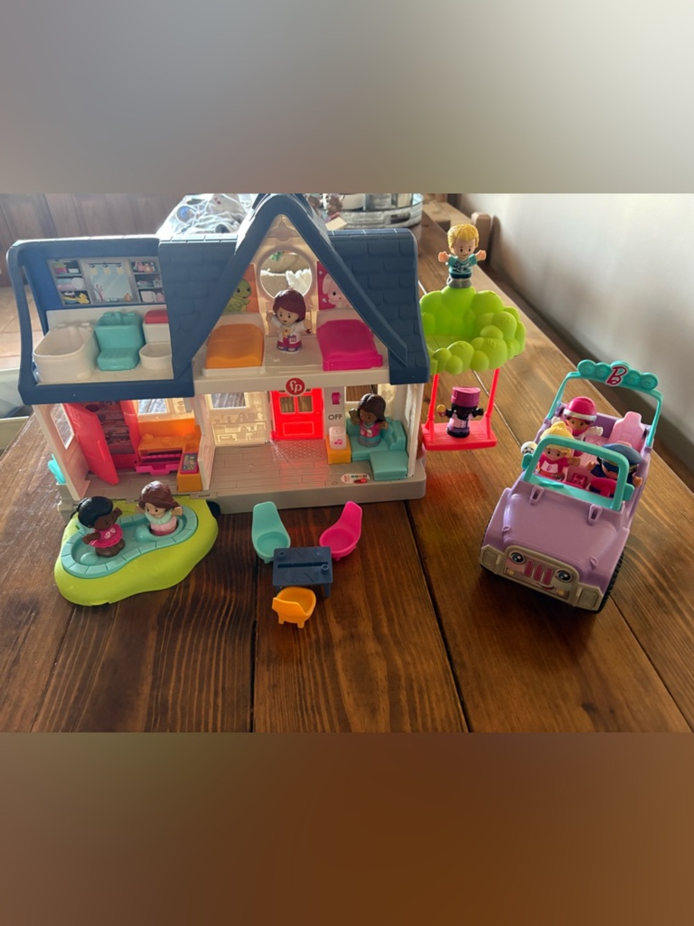 Fisher-Price Little People Playhouse, Jeep, and Barbie Characters
